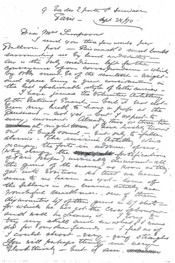 Lettre de M. Mefsurier � Mme Simpson - 28 septembre 1870